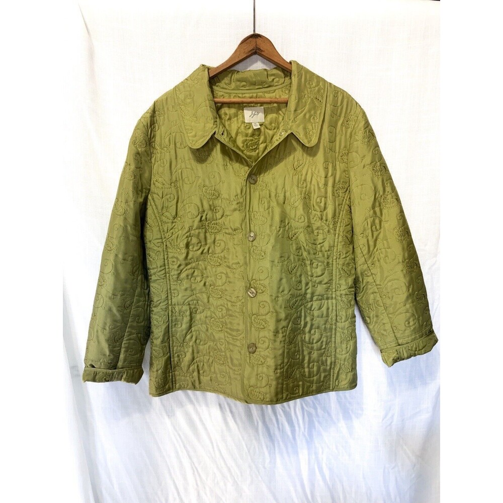 J. Jill Quilted Green 100% Silk Floral Embroidery Button Front Jacket Size XL